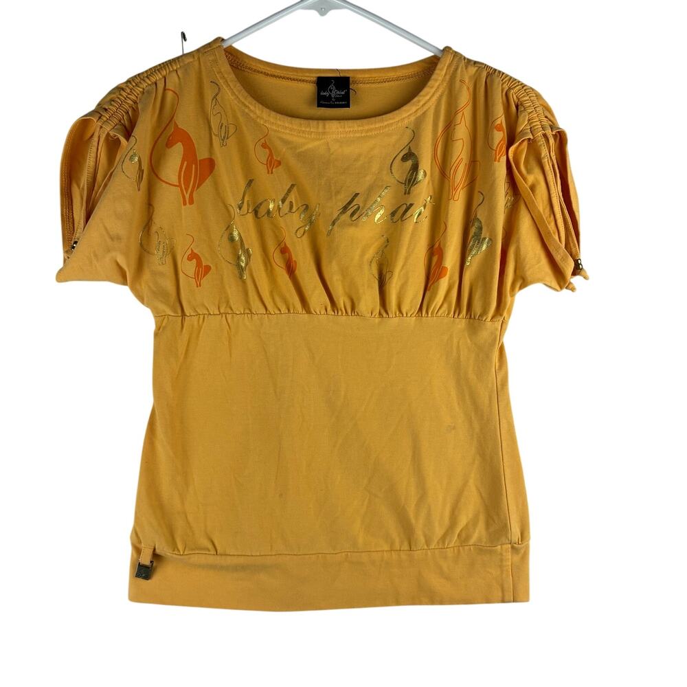 Baby Phat Girlz Y2K Short Sleeve Top 28-30" Bust Yellow Cat Logo Some Marks